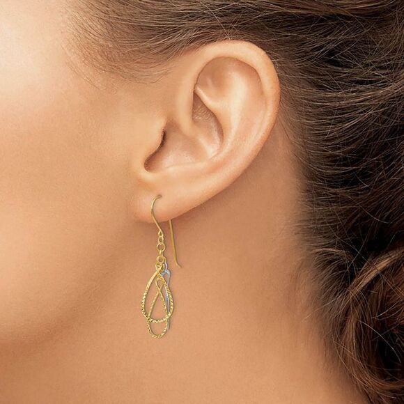Two Tone Diamond Cut Triple Teardrop Dangle Earrings in 14k Gold - Picture 3 of 5